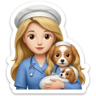 long haired nurse holding baby dog sticker