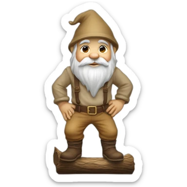 side view of gnome with light tan pants and light tan boots squatting above small brown log sticker