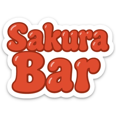 Change the text to 'Sakura Bar' in the same extra puffy, red bubble letter style, whimsical and lighthearted, with a transparent background. Maintain the extra puffy, red bubble letter style that is whimsical and lighthearted. sticker
