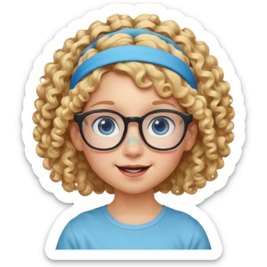 blond kid with unique face features and very curly hair kid girl happy and big glasess and big nose and very blue eyes and headband with freckles kind of nerd looking sticker