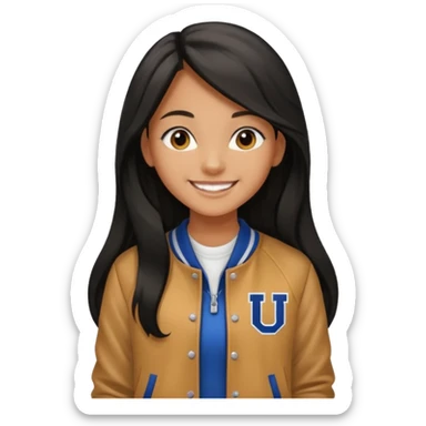 walk black long hair girl at university without backpack with varsity jacket sticker