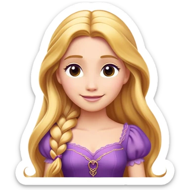 Cinematic Radiant Rapunzel Portrait Emoji, rendered in a flat vector style with clean proportions. Show Rapunzel with a gentle smile, fair, glowing skin, and her iconic long golden hair cascading softly, wearing a simple, elegant purple dress. The image radiates a warm, enchanting glow, high shine, and is accentuated by a soft glowing outline. sticker