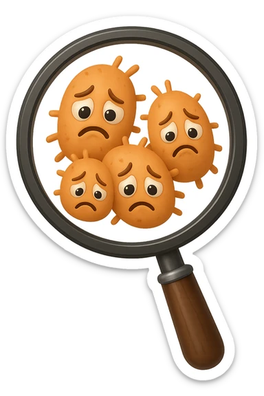 EMOJI STILE IPHONE DI una lente di ingrandimento che inquadra un cumulo di batteri intestinali tristi, IPERREALISTICO 4K sticker