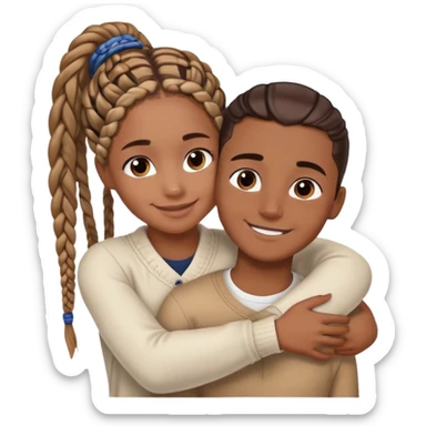 Brown skin girl with box braids and hazel eyes and white boy with brown hair and dark blue eyes hugging sticker