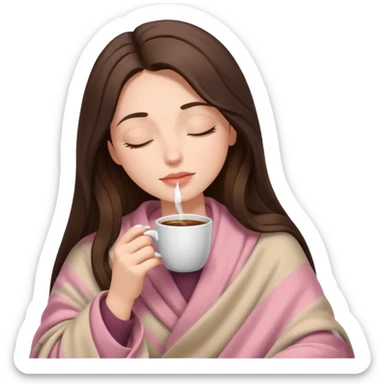 Brunette long hair lady inside a beige and light pink blanket sipping coffe with eyes closed  sticker