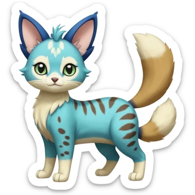 Cobalt-Blue green turquoise black white Purloin-Meowth-Meowstic-Minccino-Cinccino-serval-furret-Noibat-caracal-fusion-hybrid-creature (full body) sticker