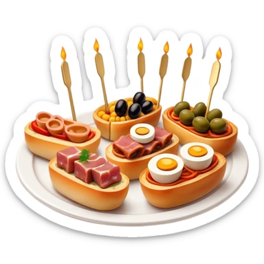 Tapas (4 Pintxos) Cinematic Realistic Tapas Dish Emoji, depicted as an assortment of 4 pintxos elegantly arranged on a plate, rendered with lifelike textures and vibrant, inviting lighting. sticker