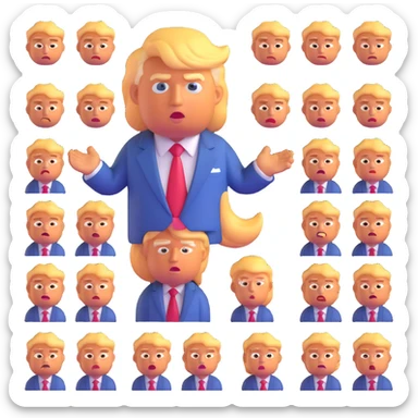 Donald Trump as a 3D emoji, exaggerated features, orange skin, blond hair, blue suit, red tie, no text sticker