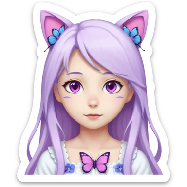 female anime character with pink eyes long white hair and periwinkle highlights and cat ears on her head. She is wearing a white dress with purple flowers and butterfly. sticker