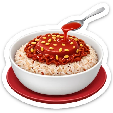 a plate of red sauce-covered rice (red donburi) with a bite taken out sticker
