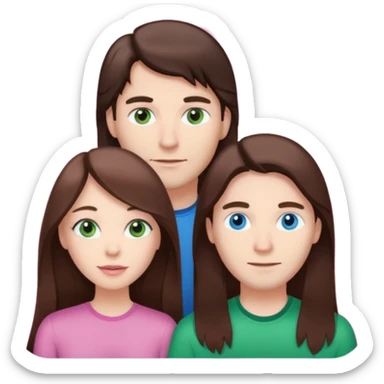 pink polaroid photo of a couple thats white with long brunette hair blue eyes and a white guy with brunette hair and green eyes sticker