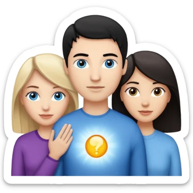 Blond woman with blue eyes on left. And a Man with black hair and grey eyecolor in the middle. And a blank woman with brown hair and grey eyes on the right. Holding each other  sticker
