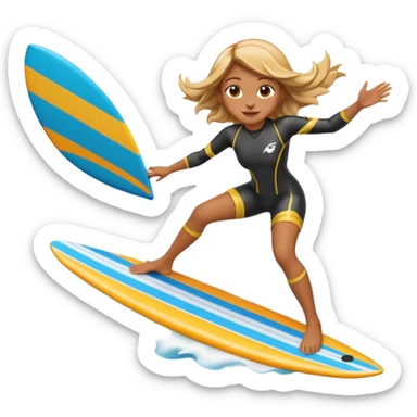 High-resolution detailed emoji of a wingfoil surfer girl, vibrant and expressive style. She is riding a hydrofoil board above ocean waves, holding an inflated wing sail overhead.  sticker