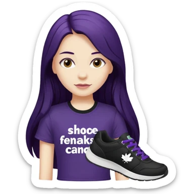 Girl with dark purple long hair black tshirt "shoe freaks canada " in white letters sticker