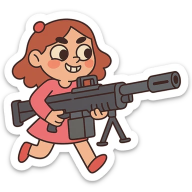 funny, positive stalker girl named Businka with a huge machine gun sticker