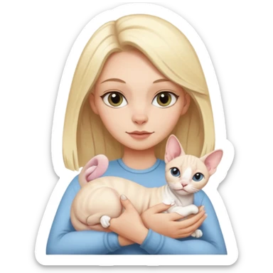 A white girl with blonde hair is holding a white Sphynx cat in her arms sticker