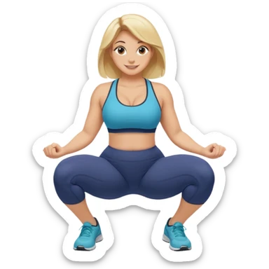 fullbody curvy blonde fitness trainer, back view, squatting on her feet, SFW, athletic, smiling, no explicit content sticker