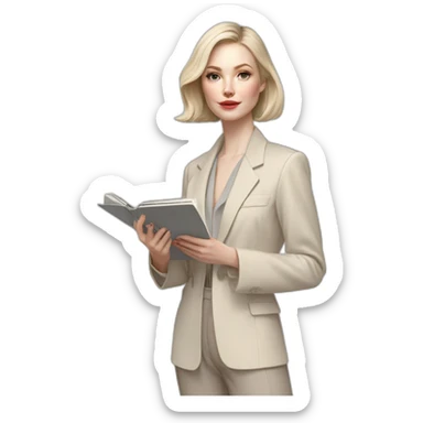 pale skin woman with ash blonde Straightened bob Hair, White Spacious classical jacket, beige palazzo Arrow pants and gray blouse holding RAL colour palette in the hands sticker