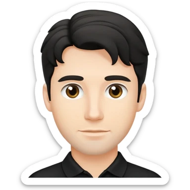 Caucasian man with black wavy hair wearing a black polo shirt sticker