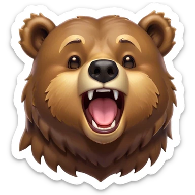 Cinematic Cute Yawning Grizzly Bear Portrait Emoji, Head tilted slightly with a dramatic, wide-open yawn, showcasing a thick, rugged deep brown fur with drooping ears, round eyes barely open in drowsy contentment, Simplified yet irresistibly adorable features, highly detailed, glowing with a soft, cozy glow, high shine, relaxed yet expressive, stylized with a touch of wild whimsy, bright and endearing, soft glowing outline, capturing the essence of a sleepy yet affectionate grizzly, so drowsy it feels like it could stretch out of the screen and curl up for a nap! sticker