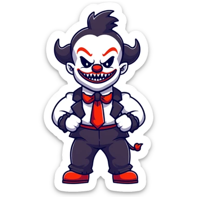 full-body muscular demonic clown in black and white leisure suit with bellbottom pants, bald, black ram horns, flashy black and white belt, ruffled white shirt, no neck tie, large fangs, cartoon sticker style sticker