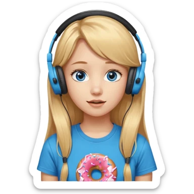 una ragazza dall‘ età di 19 anni con capelli biondi miele lunghi ,  occhi celesti,  con addosso una maglietta con una ciambella e le cuffie ascoltando violetta sticker