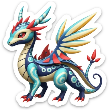 zig-zag-patterned tribal tropical hot spotted Meloetta-Dialga-Salamence-Giratina-Noibat-Pokémon-Fakémon-fusion-hybrid-creature sticker