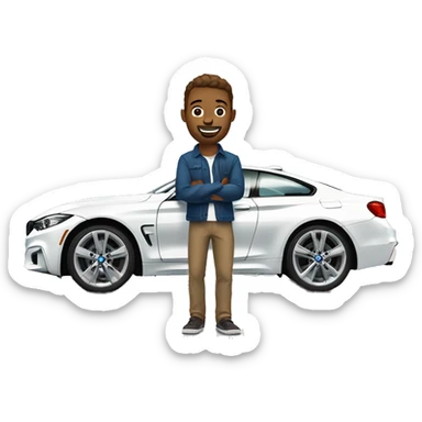 One white man with brown hair standing near blue bmw 4 series sticker