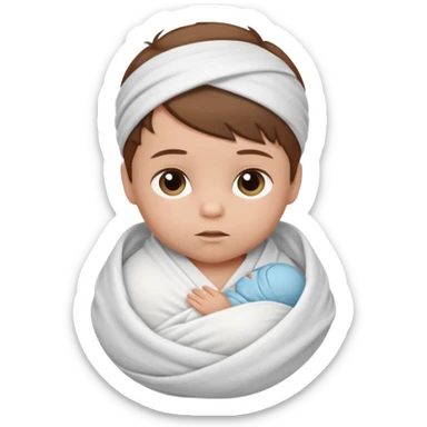 A new born baby boy wrapped in a swaddle with brown hair sticker