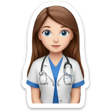 inside a classroom at university that says nursing school on the board with a pretty female nursing student with long brown hair, blue eyes sticker