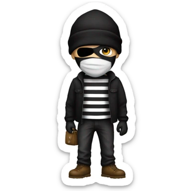 Robber, black and white striped shirt, black mask, moneybag, black beanie sticker