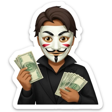 A man in black clothes with an Anonymous mask, holding money, ember text sticker