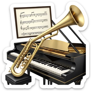 Create an elegant and nostalgic emoji representing a jazz setting with a grand piano (jazz piano), a Selmer Model 19 trumpet with a balanced action, and a vintage microphone on a stand in the foreground. The design should feature the sleek black grand piano with visible keys and a shiny brass trumpet placed beside it. The microphone should have an old-school, retro design with a chrome finish and a classic microphone stand. Add musical notes floating around the instruments to evoke the improvisational spirit of jazz. Use rich, dark colors like black, gold, brass, and silver to reflect the vintage and sophisticated atmosphere of a jazz performance. The background should be transparent. sticker
