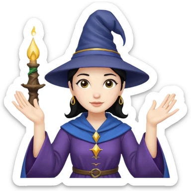 female wizard with black hair in a low bun under a wizards hat with both hands palm up sticker