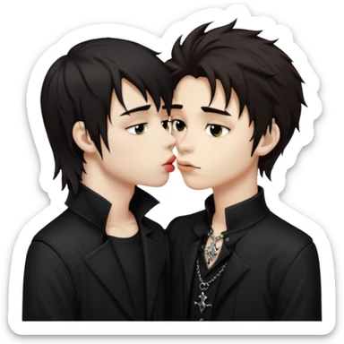 Goth Boys, one goth boy pale with shaggy brown hair the other a goth boy tan with long black hair, kissing sticker