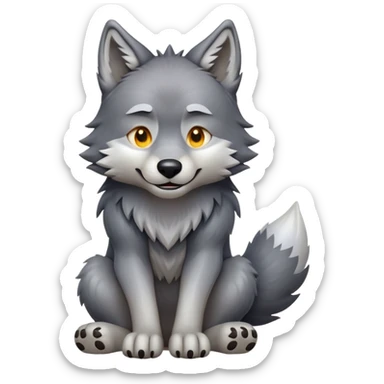 cinematic-[wolf]-realistic-full-body-sitting-emoji,-tail-resting-loosely-beside-its-paws,-head-tilted-dramatically, -scruffy-[grey]-fur,-simplified-yet-realistic-focused-features,-highly-detailed,-glowing-with-an-almost-sarcastic-glow sticker