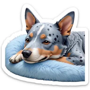 Meme-Worthy Cute Sleeping Blue Speckle Australian Cattle Dog Portrait Emoji, Head resting peacefully with a contented smile, showcasing a robust build and a luxuriously soft blue speckle Fur, eyes shut in a serene nap, Simplified yet hilariously adorable features, highly detailed, glowing with a soft, drowsy light, high shine, relaxed and utterly lovable, stylized with an air of playful laziness, bright and heartwarming, soft glowing outline, capturing the essence of a comically sleepy herder, so meme-worthy it feels like it could instantly become the next viral sensation of adorable slumber! sticker