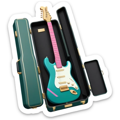minimalist electric guitar in dark green with pink and blue stripe decal, closed inside a black rectangular hard case with gold latches, flat semi-3D style, soft matte textures, simplified details, stylized decal accent sticker