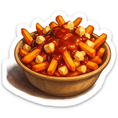 В слега рисованном, но при этом ярком и объемном стиле сгенерируй картинку сочного американского канадского блюда путин, профессионально выставленный свет, который подчеркивает объем, прозрачный фон sticker