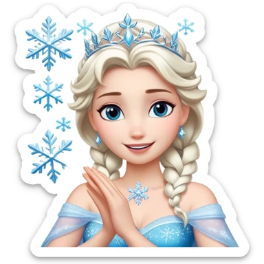 Cinematic Elegant Elsa Portrait Emoji, Standing gracefully with snowflakes forming in her hands, a soft yet confident smile, frosty shimmer surrounding her, a queen in perfect icy splendor! sticker