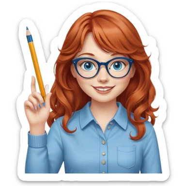redheaded woman with very long wavy hair and bangs, blue eyes, clear cat-eye glasses, casual chic outfit, holding a pencil, smiling, waving sticker