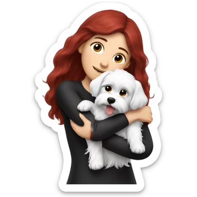 Dark-red-haired girl hugs  her maltese black dog sticker