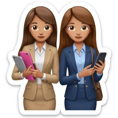 two brown haired girls, looking professional maybe leaned on each others back and looking forward and using phones, with long hair and one girl can hold lap top another one can hold the phone, professional clothes, more stylish sticker