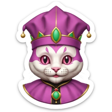 court jester cat medieval, single poker card joker clearly visible, pink, face only, round badge, court jester cap sticker
