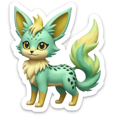 Epic complex detailed pastel minty green, pastel beige yellow pastel realistic aesthetic-scenic-Fakémon-Zorua-Litten-Leafeon-Trico-Sergal-Serval-Vernid-creature (full body) with far wings, shiny sparkly fairycore theme  sticker