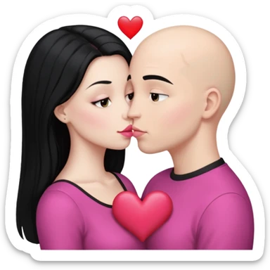 👩🏻‍❤️‍💋‍👨🏻 this one but the man should be bald. white woman with long black hair and white bald young man whoitiut hair and a heart between their heads. she has pink lips and both have brown eyes. sticker