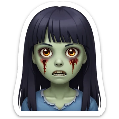 Emoji de guria zombie com cabelo longo, escuro e liso com franja, olhos escuros e boca pequena. sticker