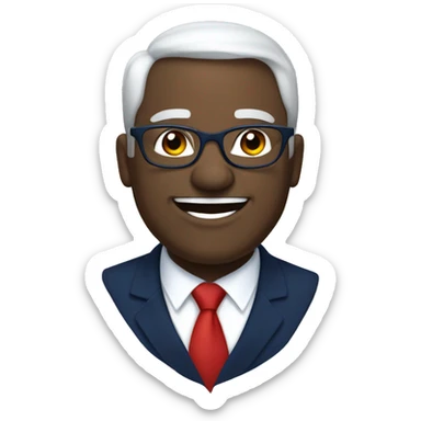 A heavy man, white hair, with glasses, no beard, smiling with teeth, and wearing a navy blue suit and red tie sticker