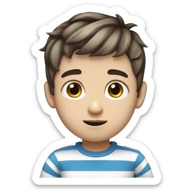boy with blue eyes with short hair he shows a rock gesture with his hand he has a striped shirt on him plump lips neat nose skin color dark fair hair a bit short sticker