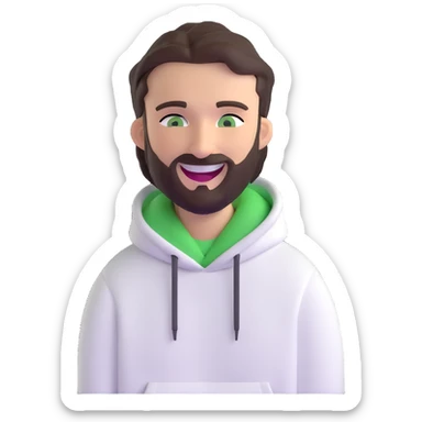 laughing guy with white hoodie, green eyes, dark brown hair and a short full beard sticker